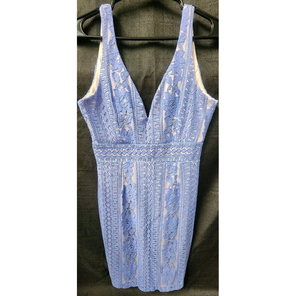 NWOT Selfie Leslie 3D Lace Dress Blue Lavender V Neck Cut Out Lined Sz Medium